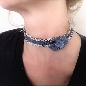 Camelia Rose Denim Choker Necklace French Paris Fringe Elegant Luxury Adjustable